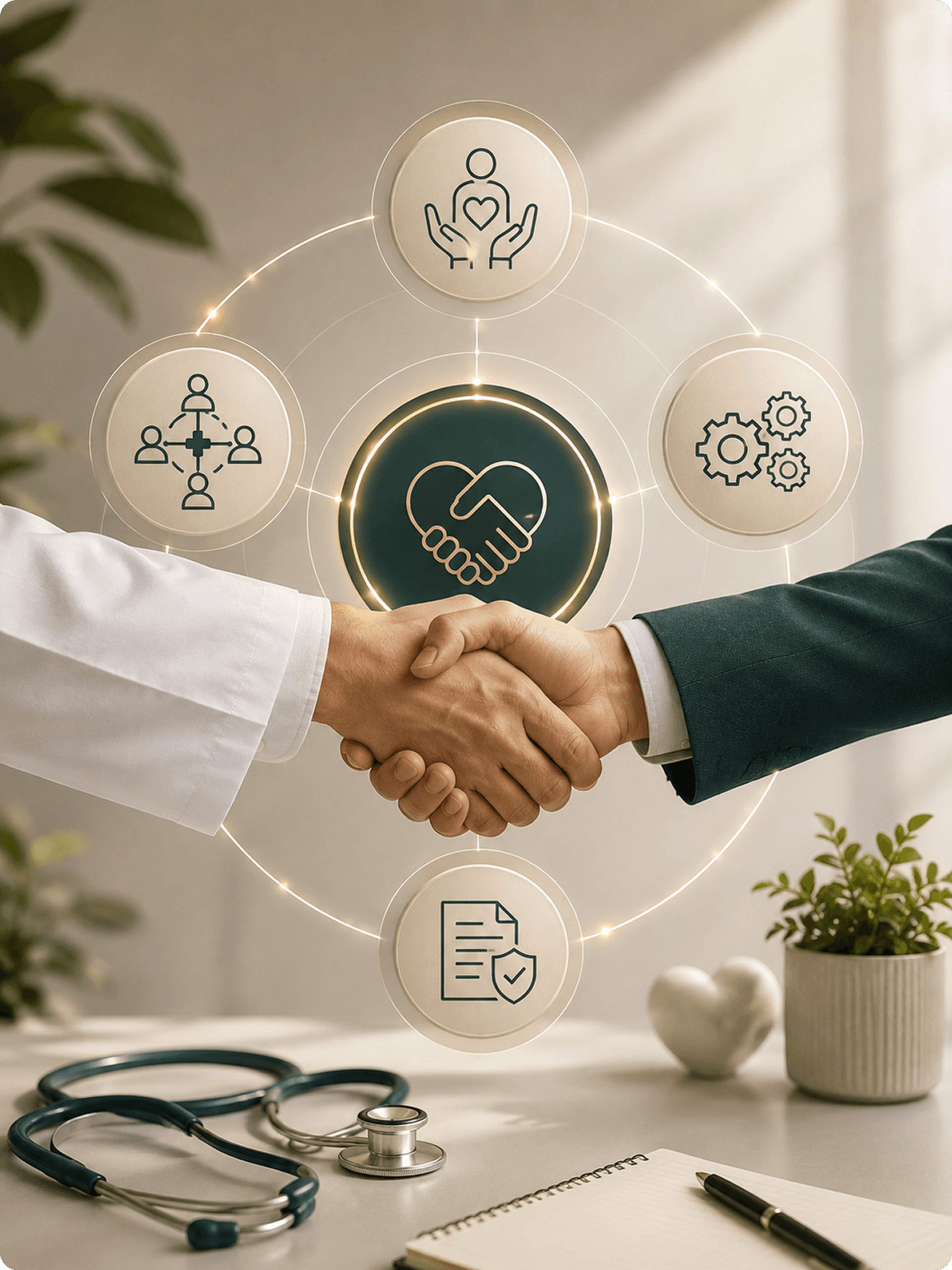 Doctor and collaborator shaking hands with collaboration pathway icons