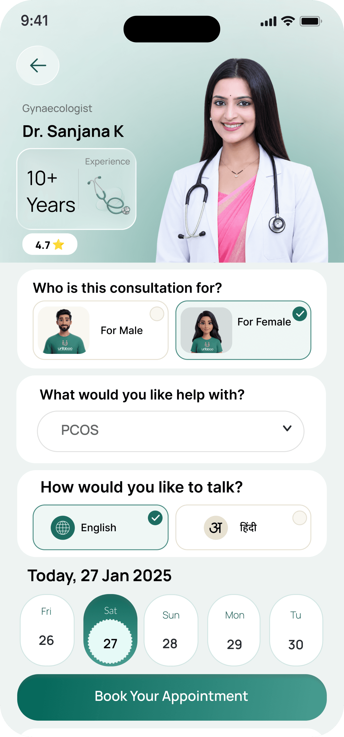 Untaboo app screen for booking a consultation with a doctor